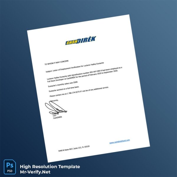 Editable United States CashDIRÈK Employment Verification Letter Word and Pdf Template Preview - Mac Doc