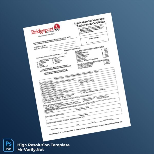 Editable United States City of Bridgeport Municipal Registration Certificate Word and Pdf Template Preview