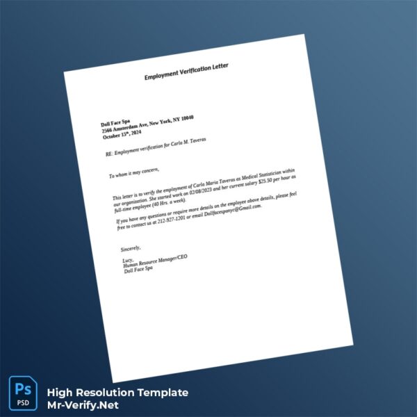 Editable United States Doll Face Spa Employment Verification Letter Word and Pdf Template Preview - Mac Doc