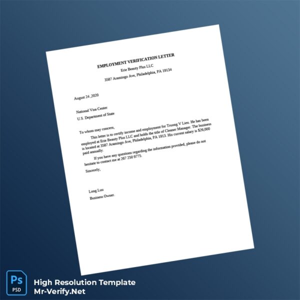 Editable United States Erie Beauty Plus LLC Employment Verification Letter Word and Pdf Template Preview - Mac Doc