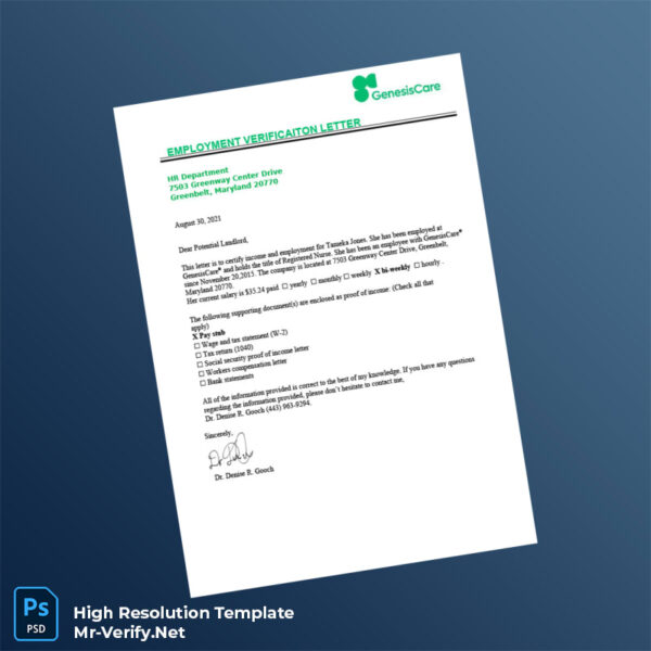 Editable United States GenesisCare Employment Verification Letter Word and Pdf Template Preview - Mac Doc