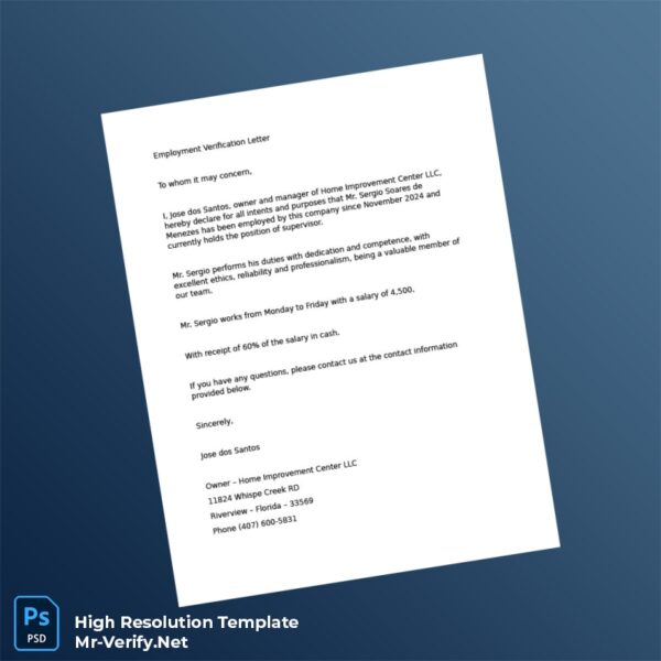 Editable United States Home Improvement Center LLC Employment Verification Letter Word and Pdf Template Preview - Mac Doc