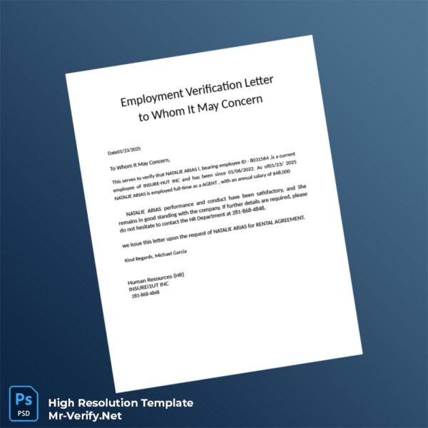 Editable United States Insure-Hut Inc Employment Verification Letter Word and Pdf Template Preview - Mac Doc