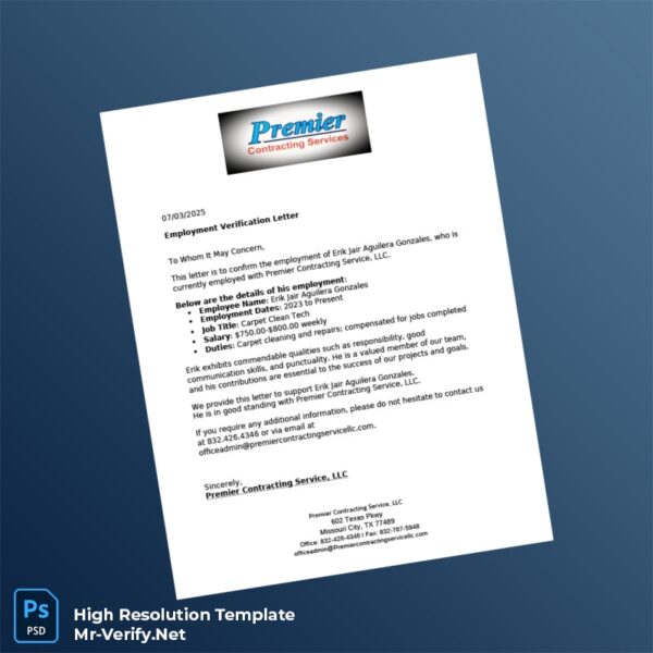 Editable United States Premier Contracting Service Employment Verification Letter Word and Pdf Template Preview - Mac Doc