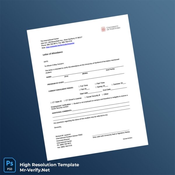 Editable United States University of Hartford Attendance Letter Word and Pdf Template Preview - Mac Doc