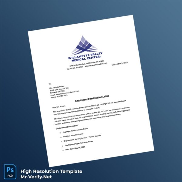 Editable United States Willamette Valley Medical Center Employment Verification Letter Word and Pdf Template Preview - Mac Doc