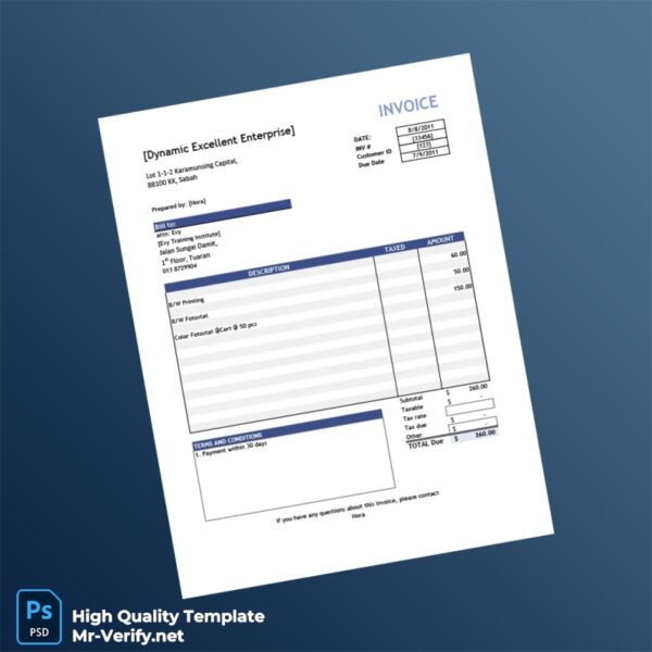 Unknown Dynamic Excellent Enterprise Invoice Template in Word and PDF formats