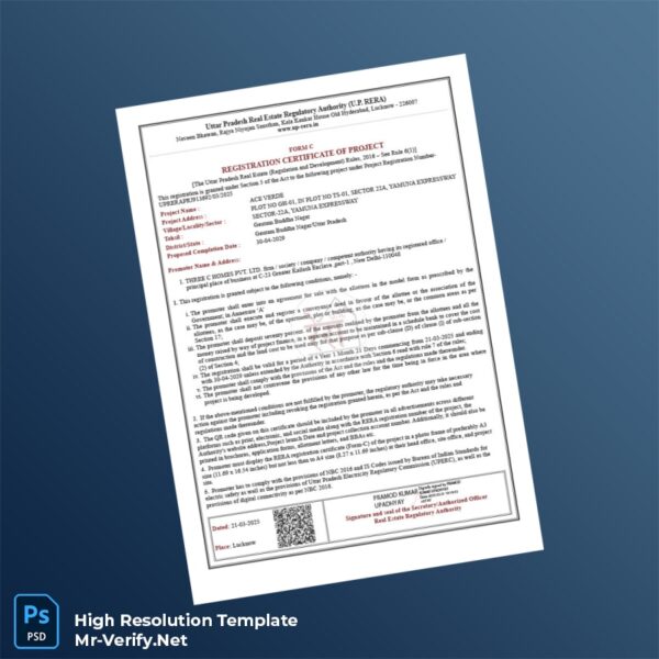 Editable Uttar Pradesh Real Estate Regulatory Authority Registration Certificate Word and Pdf Template Preview - Mac Doc