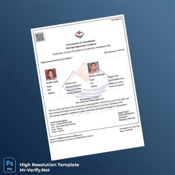 Editable Uttarakhand Government Marriage Registration Certificate Word and Pdf Template Preview - Mac Doc