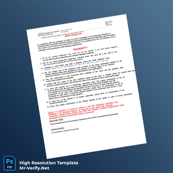 Editable Venezuela Embassy Birth Registration Certificate Word and Pdf Template Preview - Mac Doc