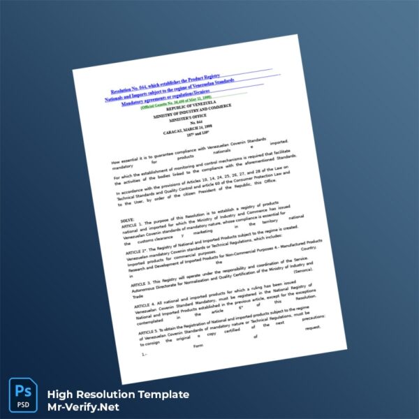 Editable Venezuela Ministry of Commerce National Products Registration Certificate Word and Pdf Template Preview - Mac Doc