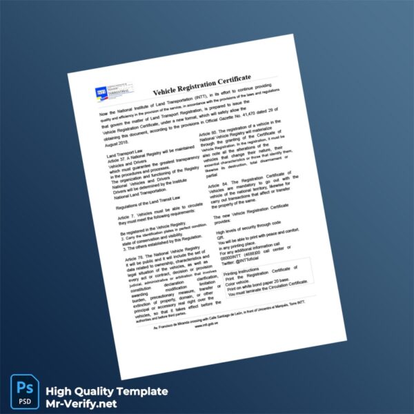 Venezuela National Institute of Land Transportation Vehicle Registration Certificate Template in Word and PDF formats