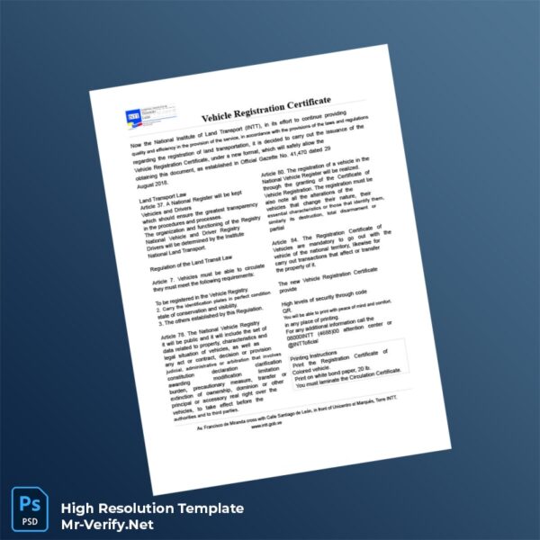 Editable Venezuela National Land Transport Institute Vehicle Registration Certificate Word and Pdf Template Preview - Mac Doc