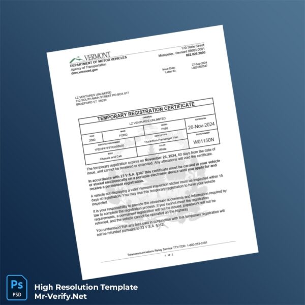 Editable Vermont Department of Motor Vehicles Temporary Registration Certificate Word and Pdf Template Preview - Mac Doc