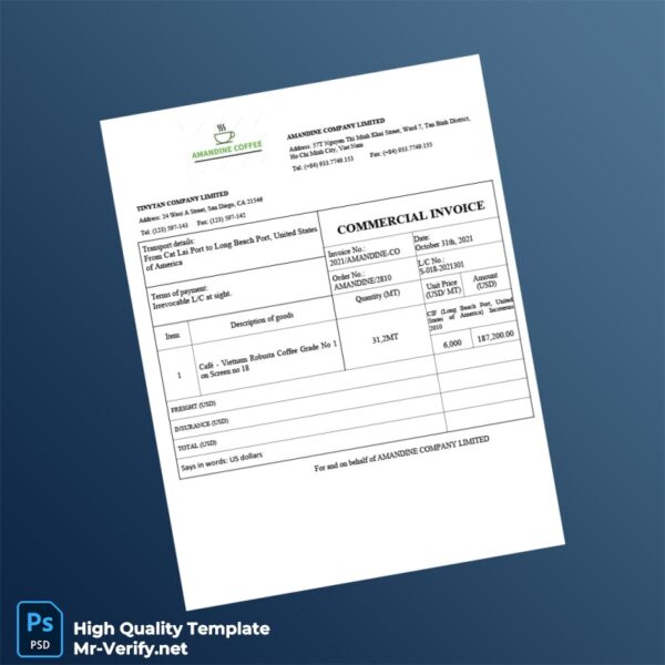 Vietnam Amandine Company Limited Commercial Invoice Template in Word and PDF formats Vietnam Amandine Company Limited Commercial Invoice Template in Word and PDF formats