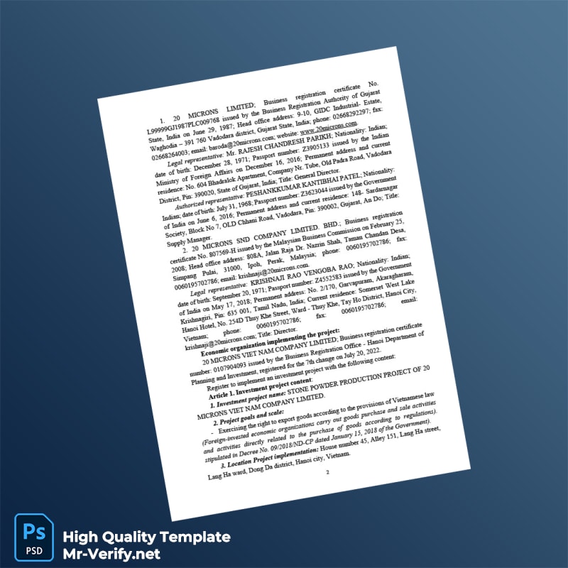 Vietnam Hanoi Department of Planning and Investment Investment Registration Certificate Template in Word and PDF formats page 2 Vietnam Hanoi Department of Planning and Investment Investment Registration Certificate Template in Word and PDF formats page 2
