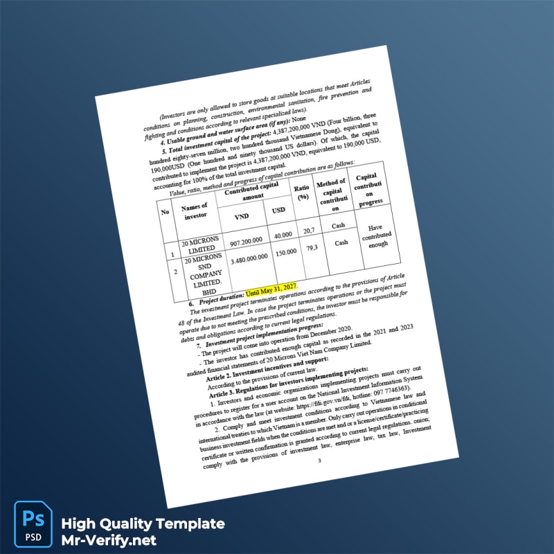 Vietnam Hanoi Department of Planning and Investment Investment Registration Certificate Template in Word and PDF formats page 3 Vietnam Hanoi Department of Planning and Investment Investment Registration Certificate Template in Word and PDF formats page 3