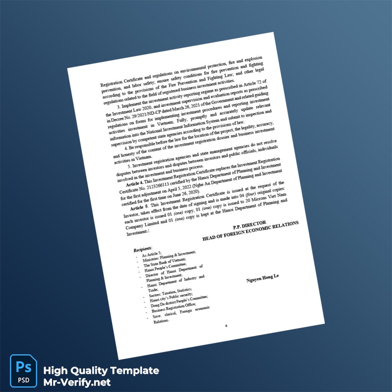 Vietnam Hanoi Department of Planning and Investment Investment Registration Certificate Template in Word and PDF formats page 4 Vietnam Hanoi Department of Planning and Investment Investment Registration Certificate Template in Word and PDF formats page 4