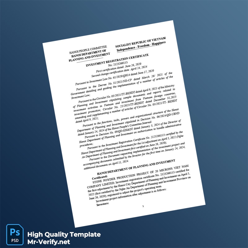 Vietnam Hanoi Department of Planning and Investment Investment Registration Certificate Template in Word and PDF formats Vietnam Hanoi Department of Planning and Investment Investment Registration Certificate Template in Word and PDF formats