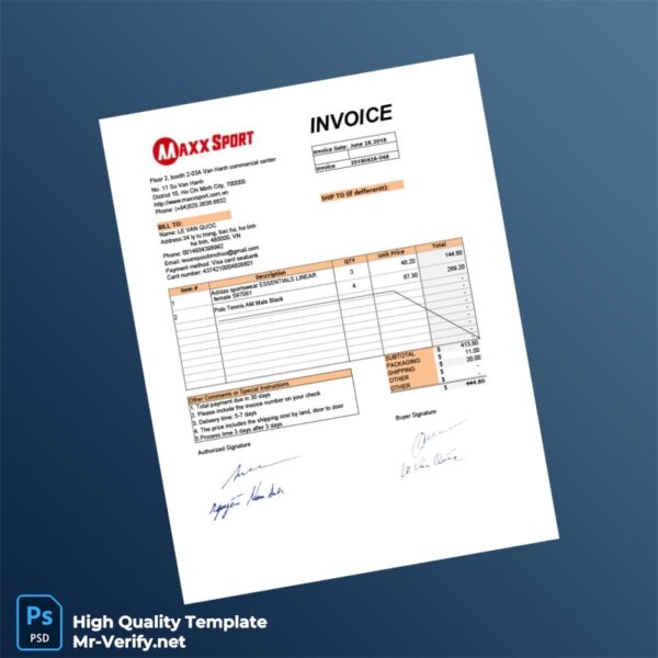 Vietnam Maxxsport Invoice Template in Word and PDF formats