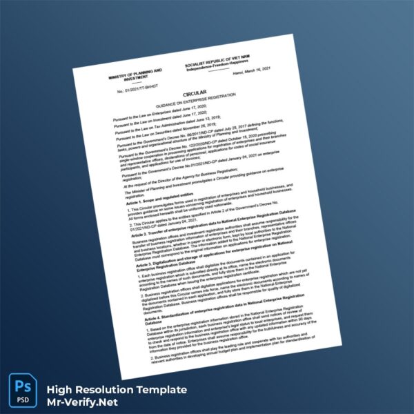 Editable Vietnam Ministry of Planning and Investment Enterprise Registration Circular Word and Pdf Template Preview - Mac Doc