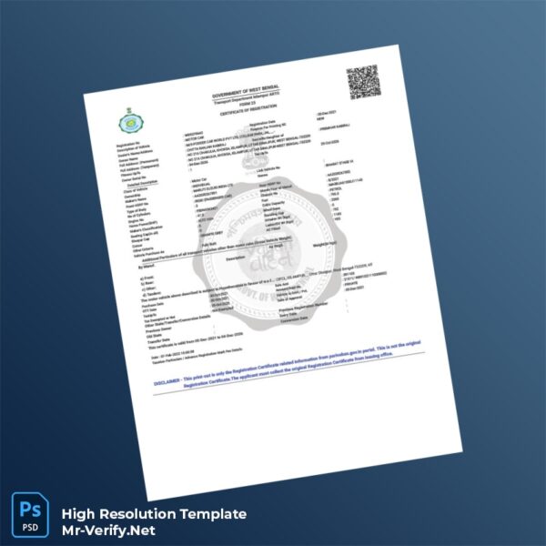 Editable West Bengal Transport Department Certificate of Registration Word and Pdf Template Preview - Mac Doc