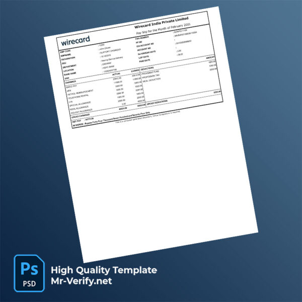 Wirecard India Private Limited payslip word and pdf template