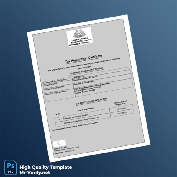 Zambia Revenue Authority Tax Registration Certificate Template in Word and PDF formats