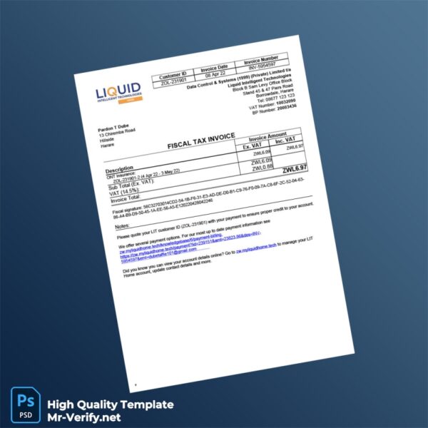 Zimbabwe Liquid Intelligent Technologies Fiscal Tax Invoice Template in Word and PDF formats Zimbabwe Liquid Intelligent Technologies Fiscal Tax Invoice Template in Word and PDF formats
