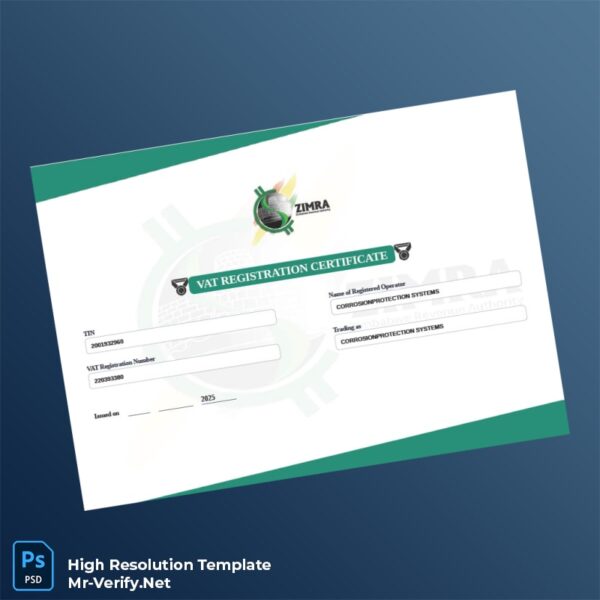Editable Zimbabwe Zimbabwe Revenue Authority VAT Registration Certificate Word and Pdf Template Preview - Mac Doc