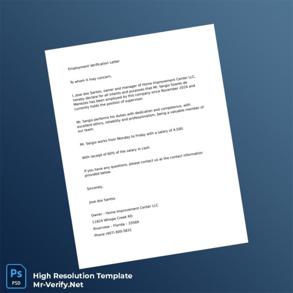 Editable USA Home Improvement Center LLC Employment Verification Letter Word and Pdf Template Preview - Mac Doc