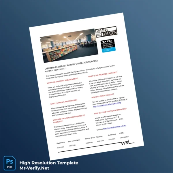 Australia TAFE NSW Diploma in Library and Information Services Template Printable Australia TAFE NSW Diploma in Library and Information Services Template Image Preview - PrintDocs