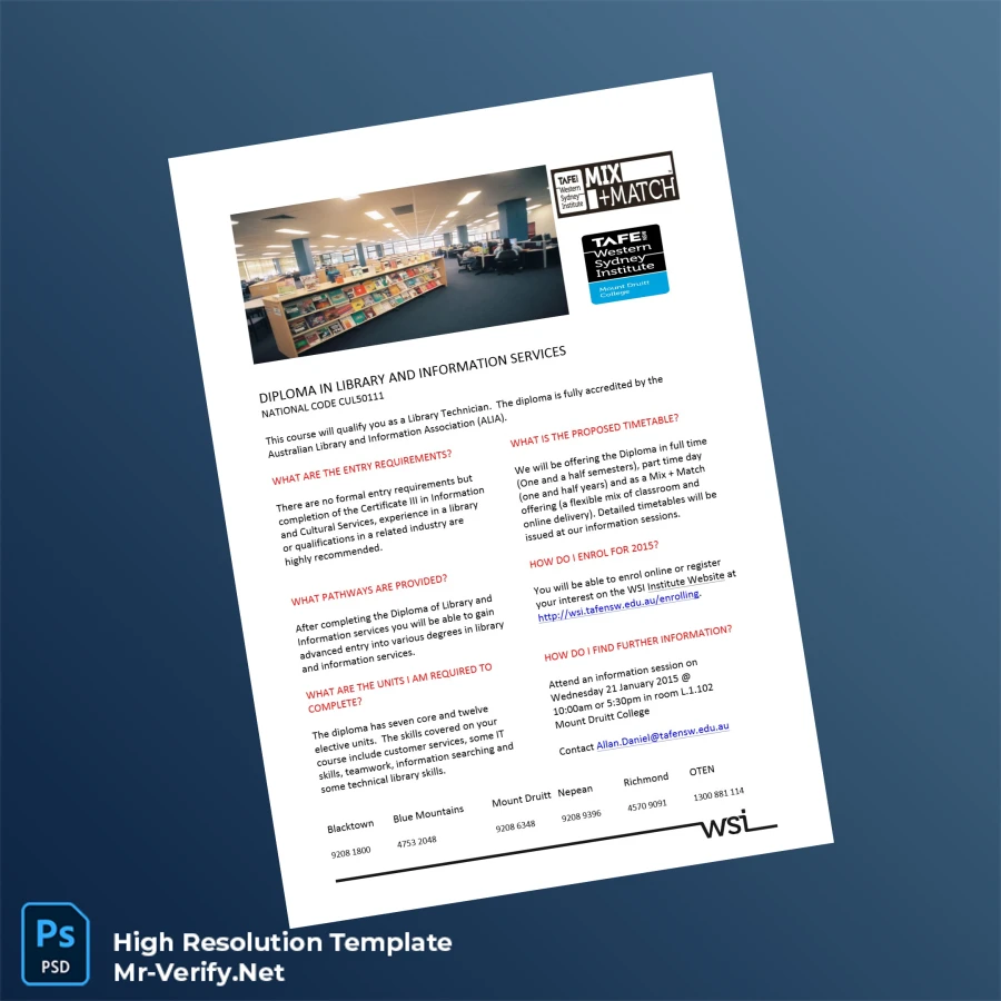 Australia TAFE NSW Diploma in Library and Information Services Template Printable Australia TAFE NSW Diploma in Library and Information Services Template Image Preview - PrintDocs
