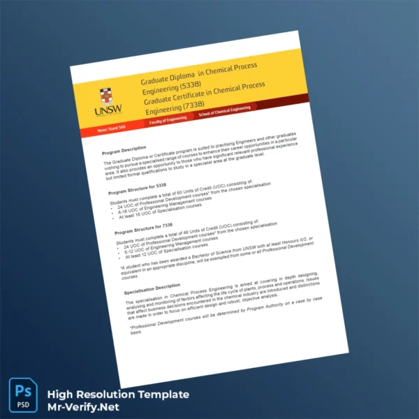 Printable Australia University of New South Wales Graduate Diploma in Chemical Process Engineering Template Image Preview - PrintDocs