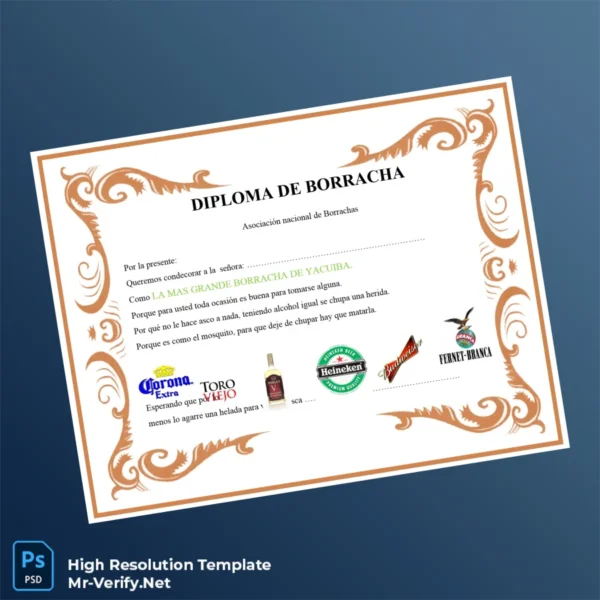 Printable Bolivia Asociación Nacional de Borrachos Diploma de Drunkard Template Image Preview - PrintDocs