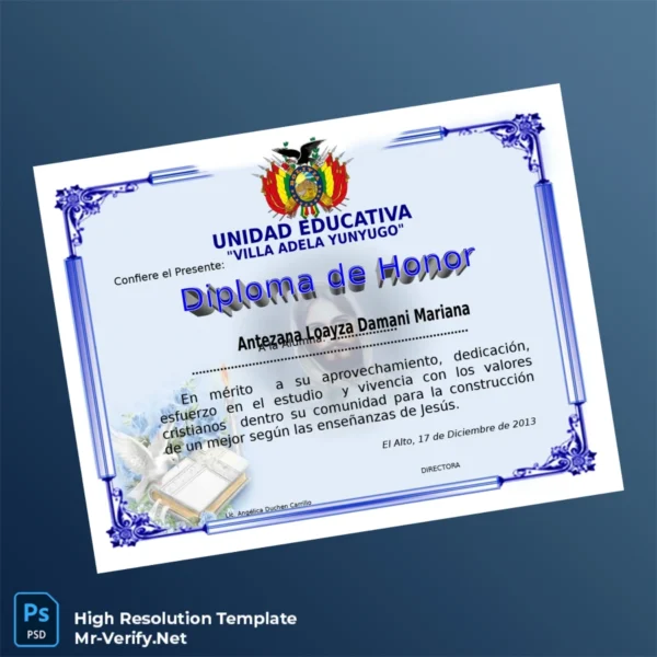 Printable Bolivia Unidad Educativa Villa Adela Yunyugo Diploma of Honor Template Image Preview - PrintDocs