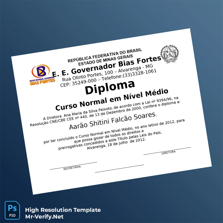 Brazil Alvarenga School Normal Course Secondary Diploma Printable Brazil Alvarenga School Normal Course Secondary Diploma Image Preview - PrintDocs