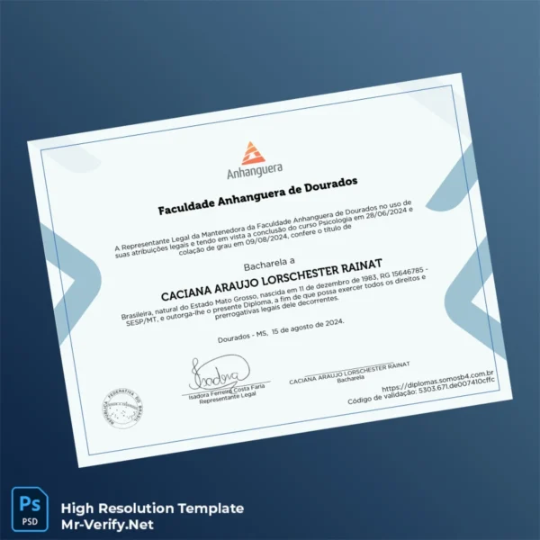 Printable Brazil Anhanguera University Bachelor of Psychology Template Image Preview - PrintDocs