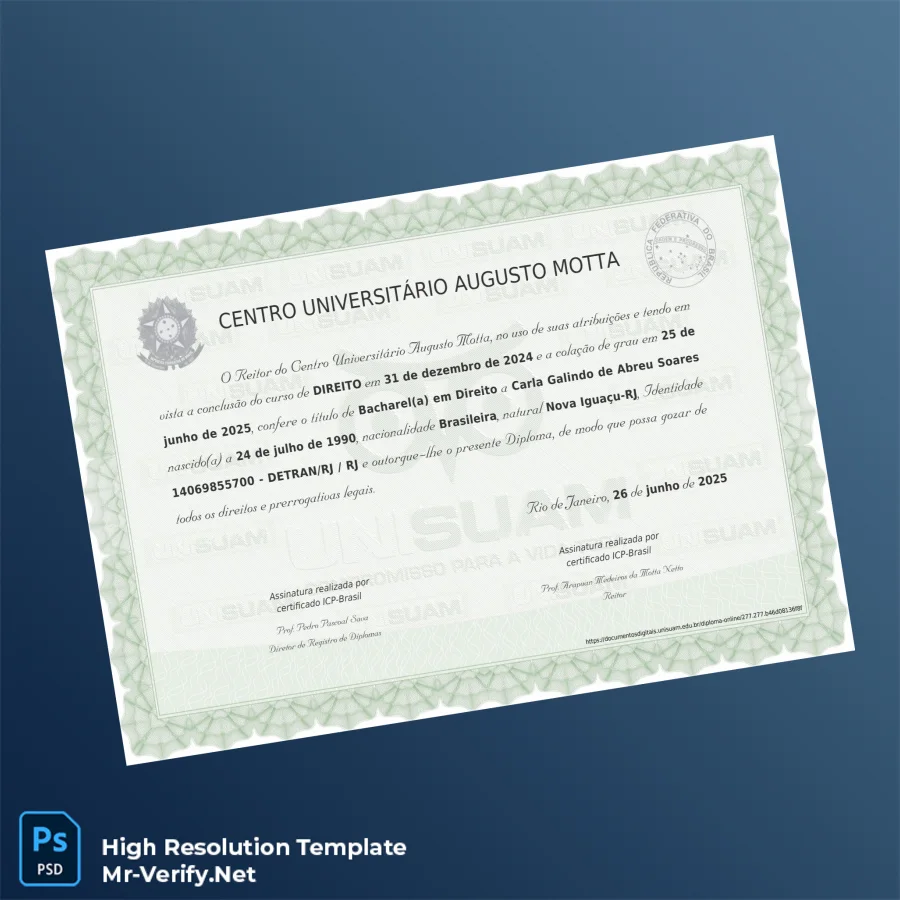 Brazil Centro Universitário Augusto Motta Bachelor of Laws Diploma Printable Brazil Centro Universitário Augusto Motta Bachelor of Laws Diploma Image Preview - PrintDocs