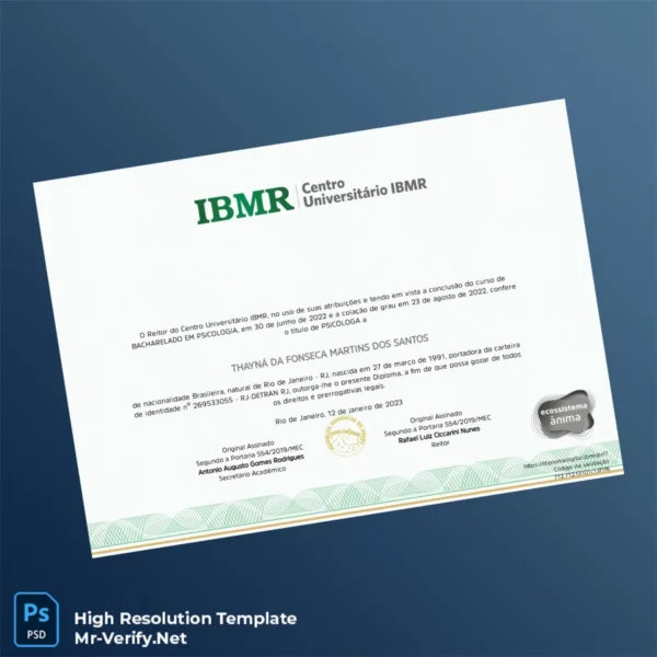 Brazil Centro Universitário IBMR Bachelor of Psychology Degree Template Printable Brazil Centro Universitário IBMR Bachelor of Psychology Degree Template Image Preview - PrintDocs