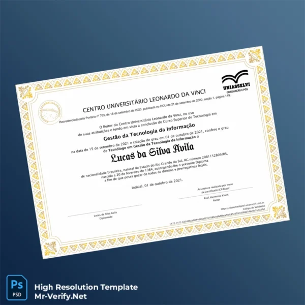 Printable Brazil Centro Universitário Leonardo da Vinci Technology Management Diploma Image Preview - PrintDocs