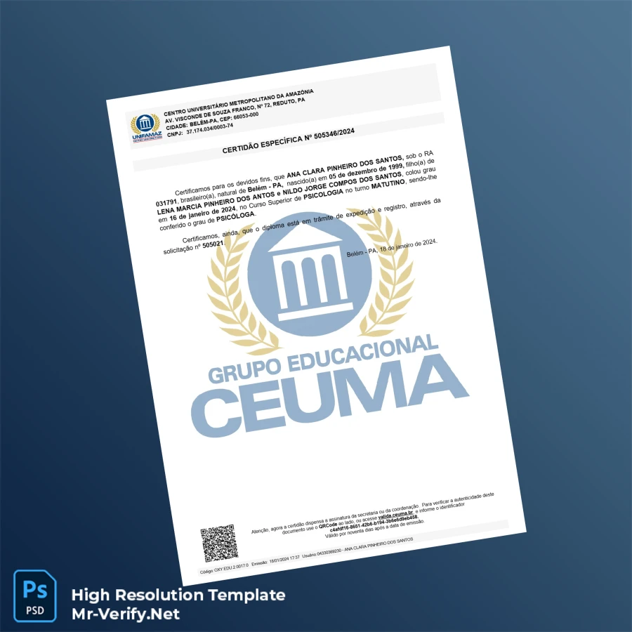 Brazil Centro Universitário Metropolitano da Amazônia Bachelor of Psychology Certificate Printable Brazil Centro Universitário Metropolitano da Amazônia Bachelor of Psychology Certificate Image Preview - PrintDocs