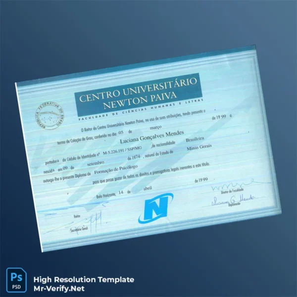 Printable Brazil Centro Universitário Newton Paiva Bachelor of Psychology Diploma Template Image Preview - PrintDocs