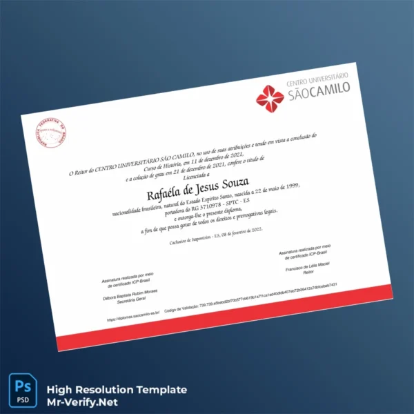 Printable Brazil Centro Universitário São Camilo Bachelor of History Diploma Image Preview - PrintDocs