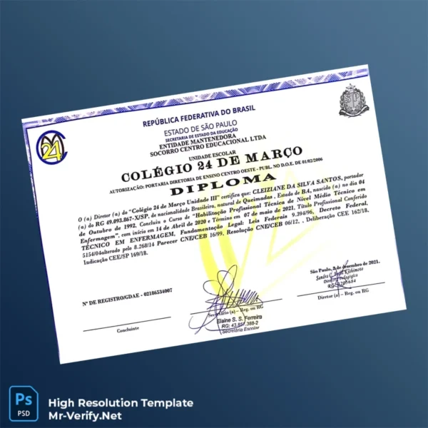 Printable Brazil Colegio 24 de Março Technical Diploma in Nursing Template Image Preview - PrintDocs