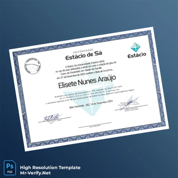 Brazil Estácio de Sá University Doctorate in Family Health Certificate Printable Brazil Estácio de Sá University Doctorate in Family Health Certificate Image Preview - PrintDocs