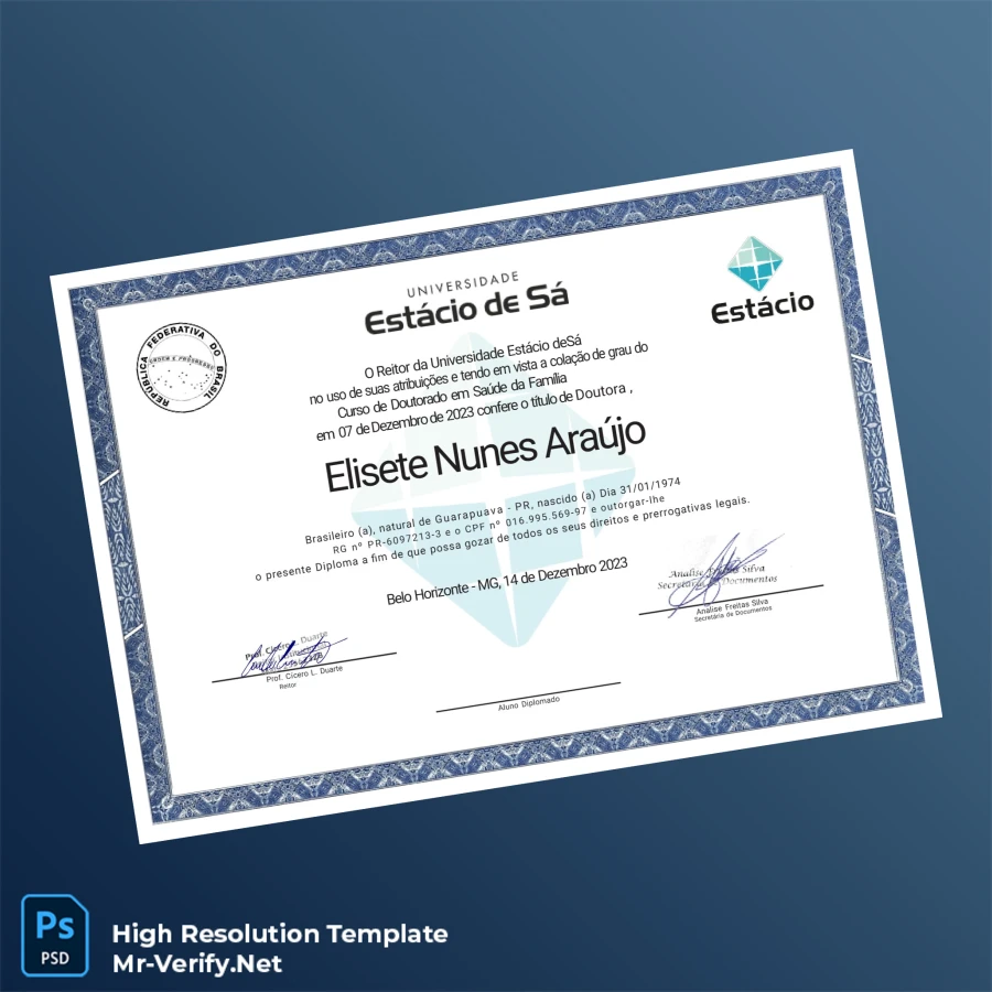 Brazil Estácio de Sá University Doctorate in Family Health Certificate Printable Brazil Estácio de Sá University Doctorate in Family Health Certificate Image Preview - PrintDocs