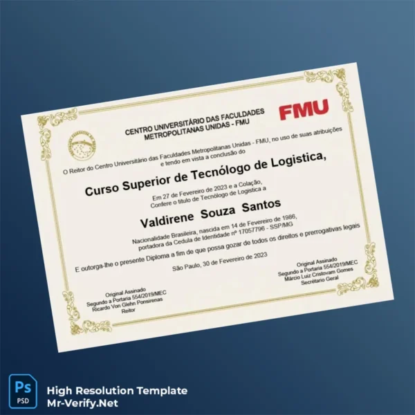 Printable Brazil FMU Technical Degree in Logistics Template Image Preview - PrintDocs