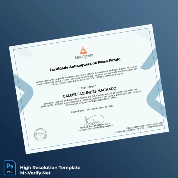 Printable Brazil Faculdade Anhanguera de Passo Fundo Bachelor of Science in Psychology Template Image Preview - PrintDocs