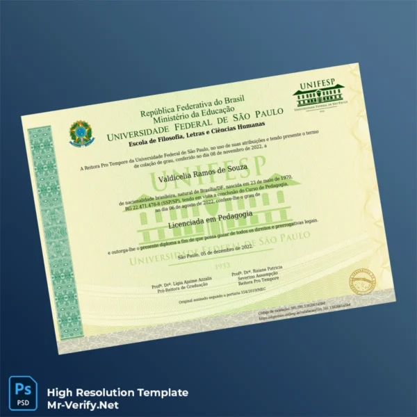 Brazil Federal University of São Paulo Licentiate in Pedagogy Diploma Printable Brazil Federal University of São Paulo Licentiate in Pedagogy Diploma Image Preview - PrintDocs